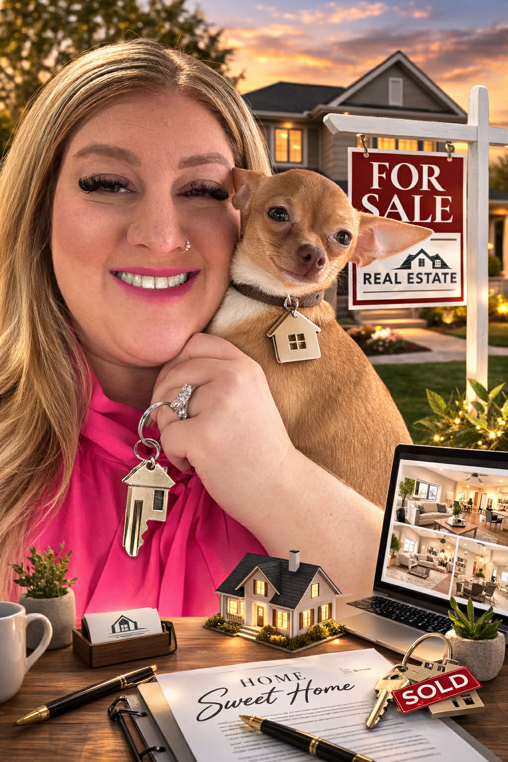 Katie Roberts, owner of Roberts Property Management, with for-sale sign and home in background